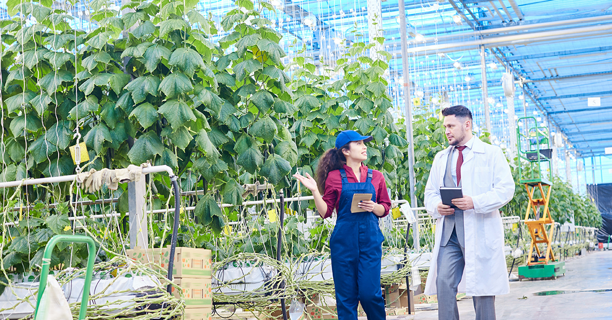 agtech accelerator two people walking in greenhouse analyzing crops