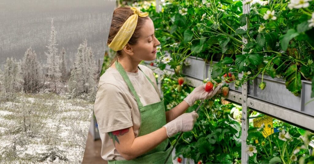 Red headed woman standing next to vertical farm holding a strawberry in her hand